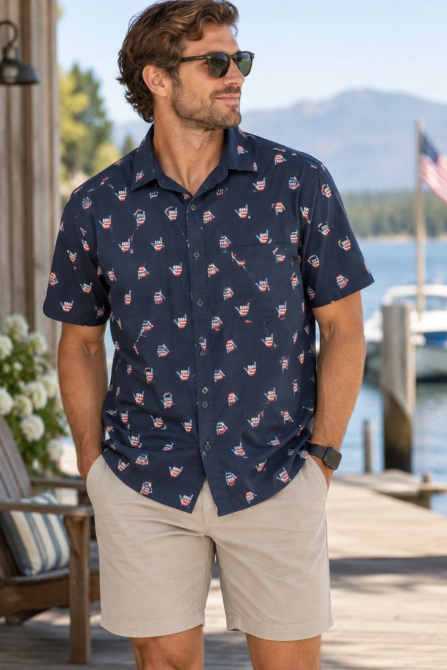 Hurley Mens XL Shaka Flag Shirt Navy Americana Short Sleeve Button Down